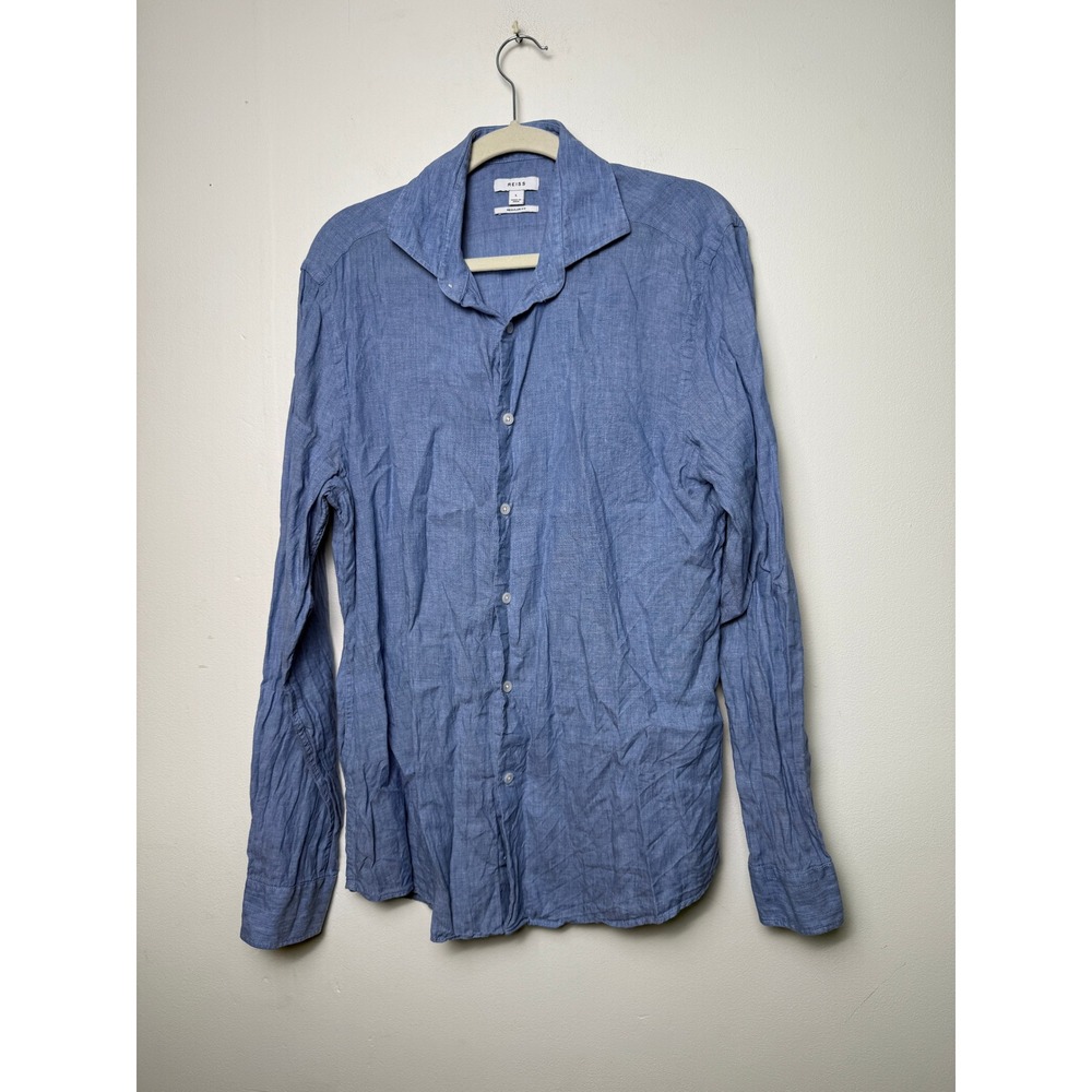 Reiss Mens Blue 100% Linen Long Sleeve Button Up Shirt Regular Fit Large